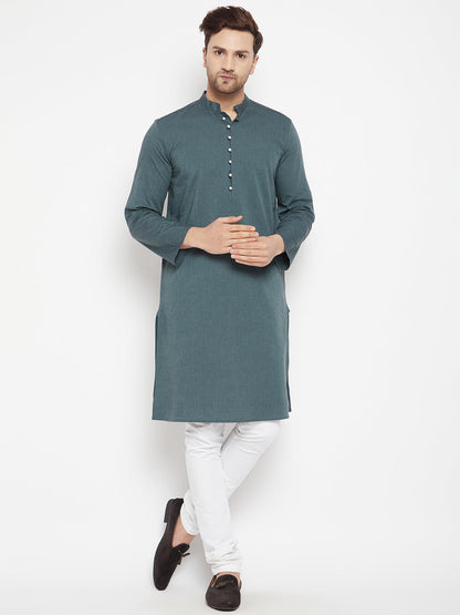 Men's Green Color Long Kurta with Band Collar