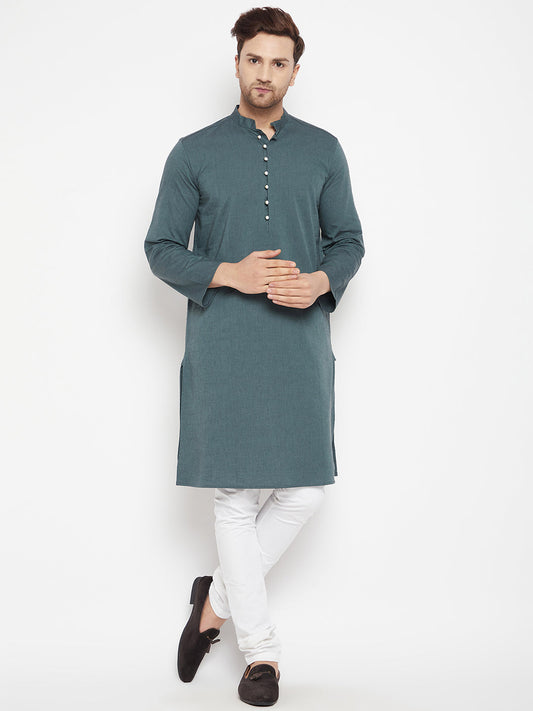 Men's Green Color Long Kurta with Band Collar