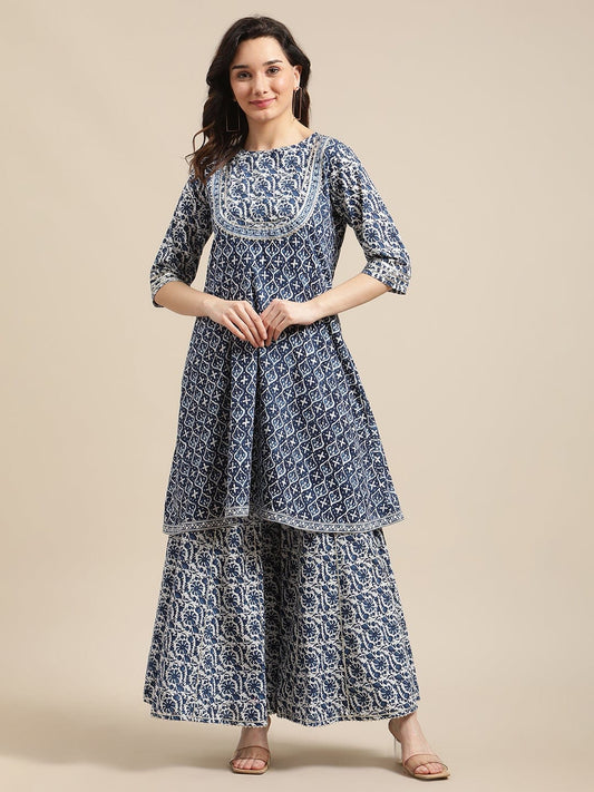 Women's Indigo And White Floral Printed Flared Kurta Sharara Set
