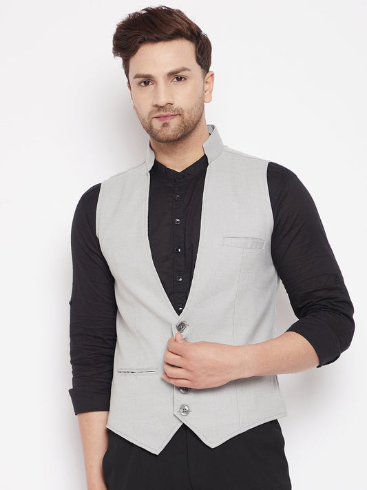 Men's Grey Color Woven Nehru Jacket