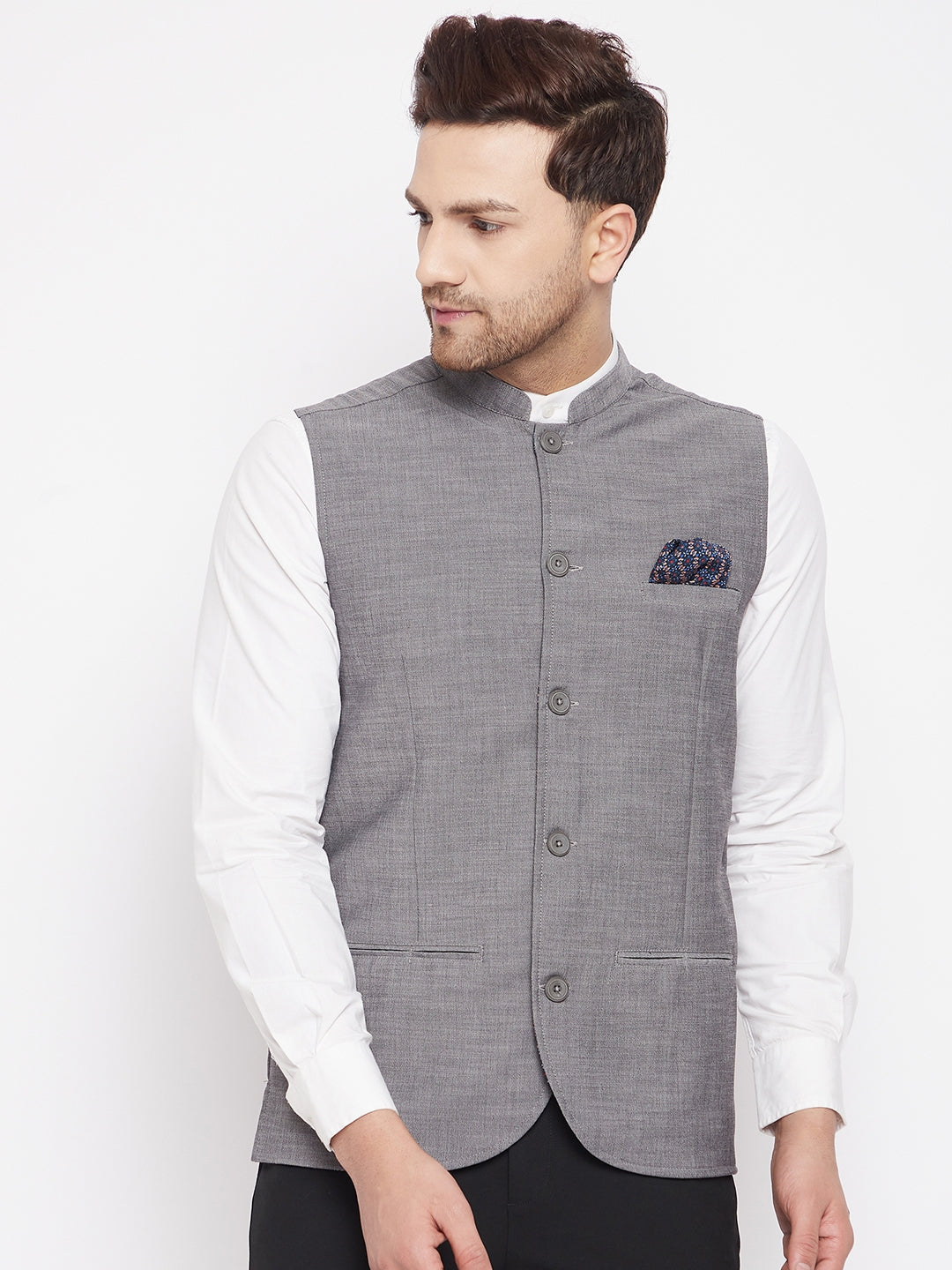 Men's Grey Color Nehru Jacket-Contrast Lining-Free Pocket Square