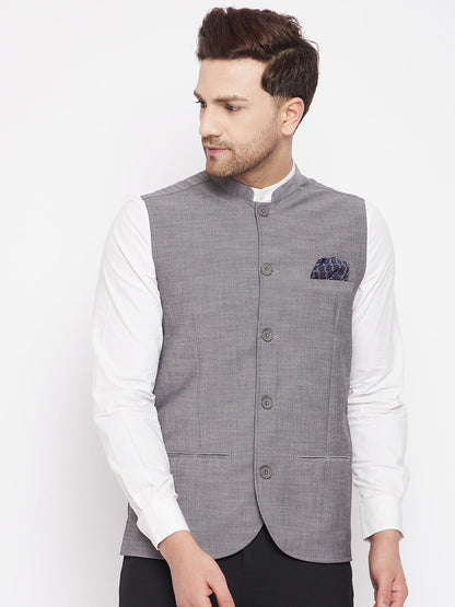 Men's Grey Color Nehru Jacket-Contrast Lining-Free Pocket Square