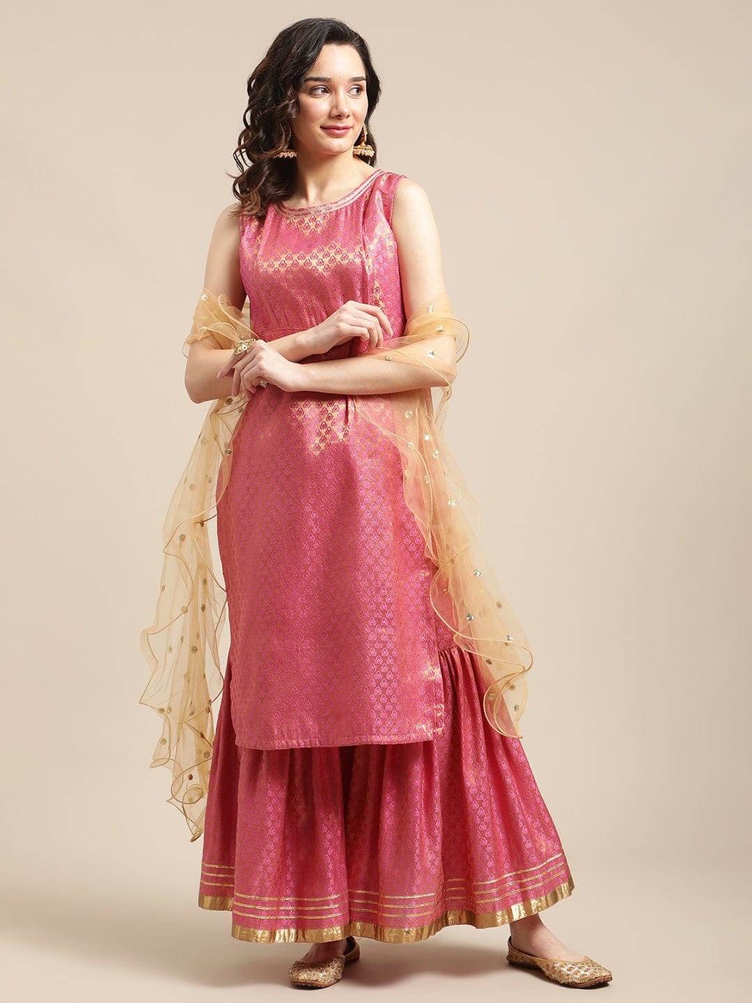 Women's Pink And Gold Brocade Sleeveless Kurta Sharara Set With Sequins Ruffle Dupatta
