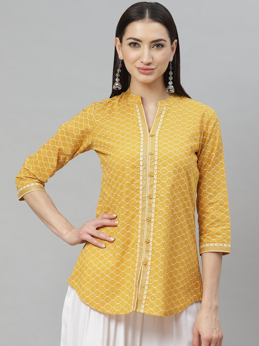 Women's Mustrd Cotton Glitor Printed Printed 3/4 Sleeve Collar Casual Tunic