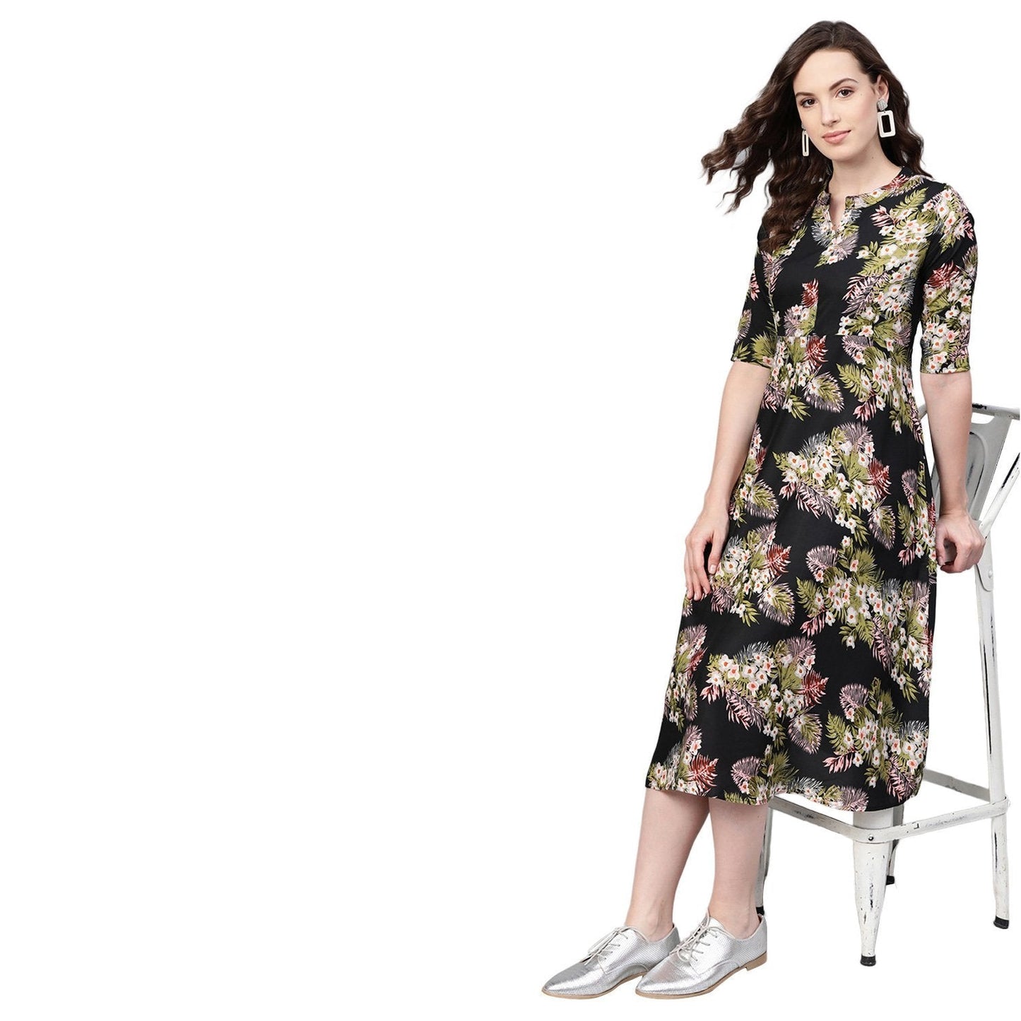 Women's Multi Polyester Printed 3/4 Sleeve Mandarin Collar Casual Dress