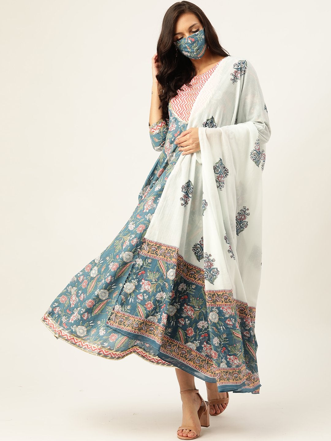 Women's Blue Cotton Gotta Work Anarkali With Dupatta