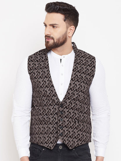 Men's Printed Brown Cotton Waistcoat