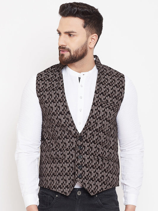 Men's Printed Brown Cotton Waistcoat