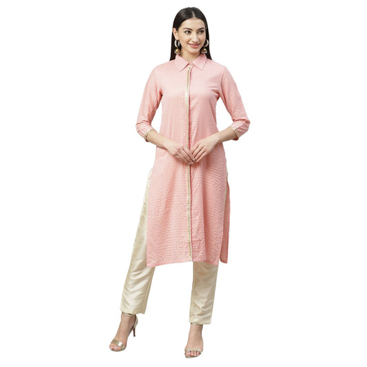 Women's Pink Cotton Check 3/4 Sleeve Shirt Collar Casual Kurta Only