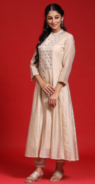 Women's Beige Chanderi Embellished Layered Anarkali Kurta