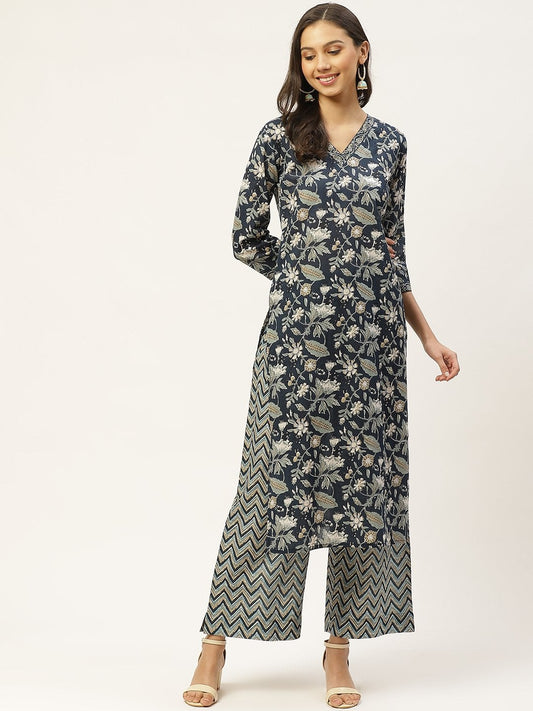 Women's Navy Blue & White Ethnic Motifs Hand Printed Cotton Kurta with Palazzos