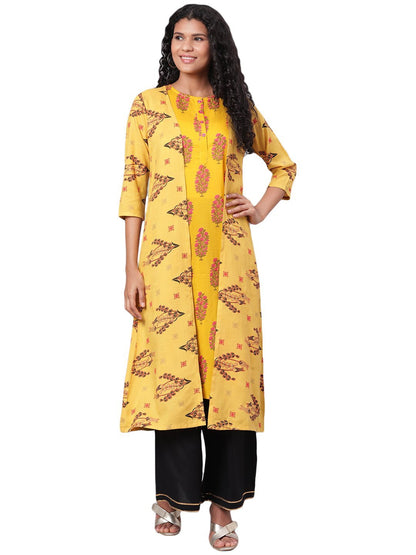 Women's Yellow Printed 3/4 Sleeve Cotton Round Neck Casual Kurta & Shrug Set