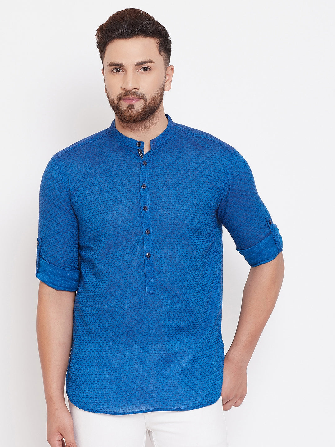 Men's Woven Design Blue Shirt Kurta
