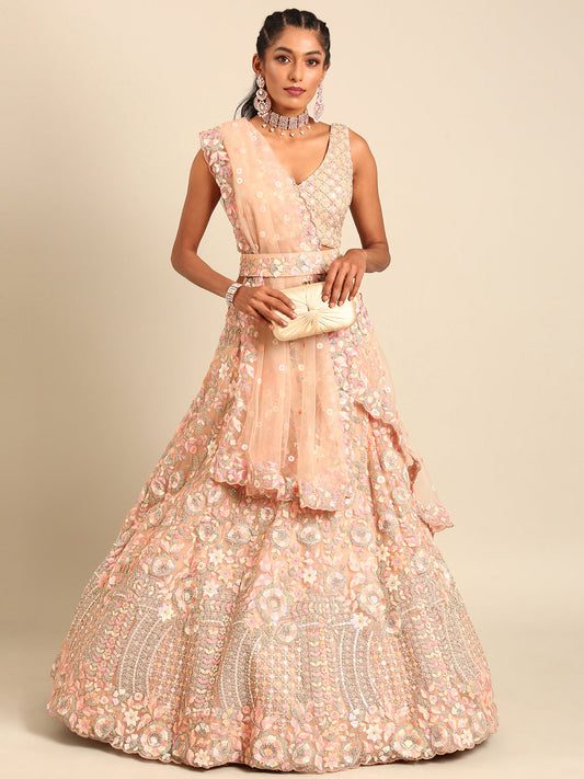 Women 's Peach Net Multi Sequins with heavy Zarkan embroidery Ready to Wear Lehenga choli & Dupatta