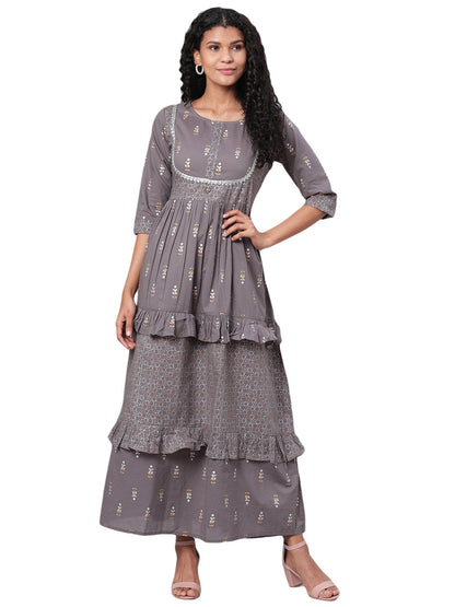 Women's Grey Printed 3/4 Sleeve Cotton Round Neck Dress