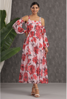 Women's Light Pink Chiffon Printed Flared Dress