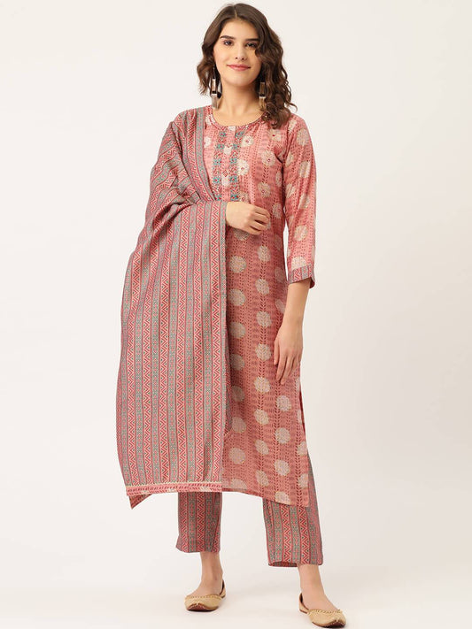 Women's Rayon Printed Suit Set with Adda Work & Dupatta