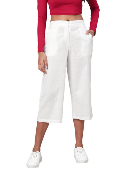 Women White Solid Cotton Trouser by Myshka
