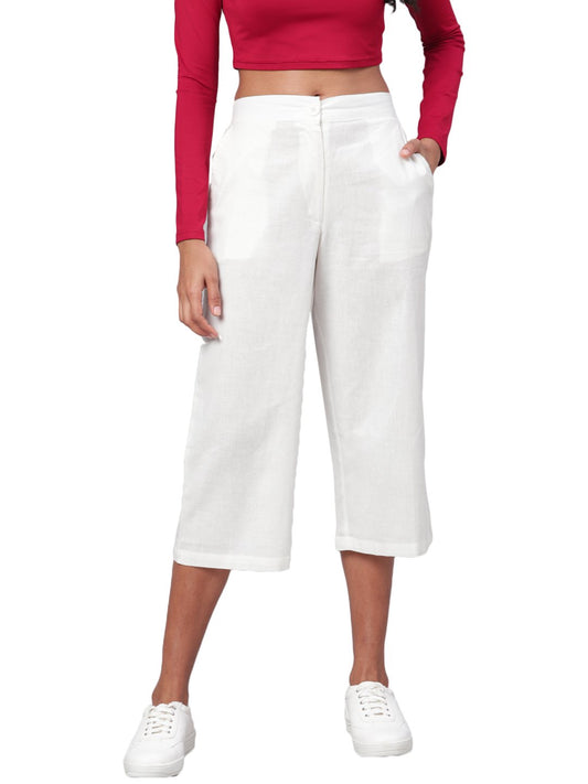 Women White Solid Cotton Trouser by Myshka