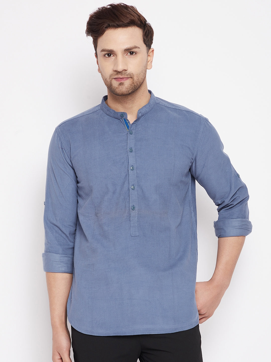 Men's Grey Color Short Kurta with Band Collar