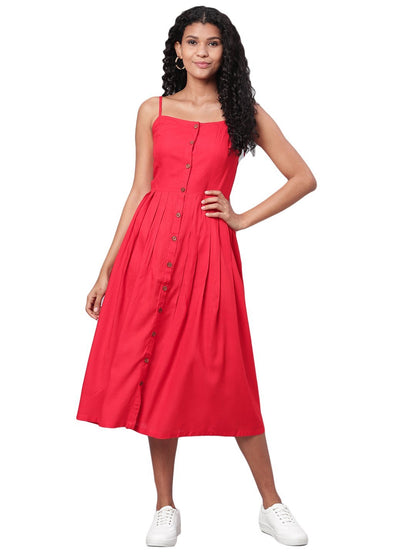 Women's Red Printed Sleeveless Cotton Slub Streps Neck Casual Dress