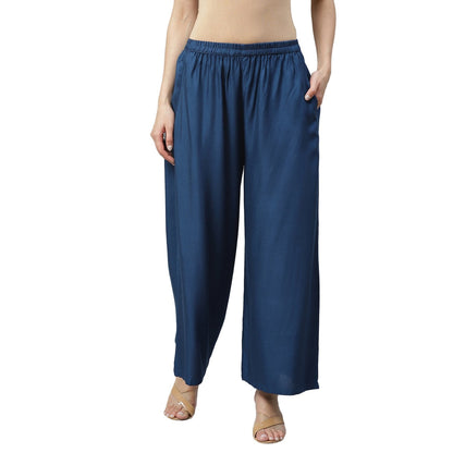 Women's Blue Cotton Solid Casual Trouser