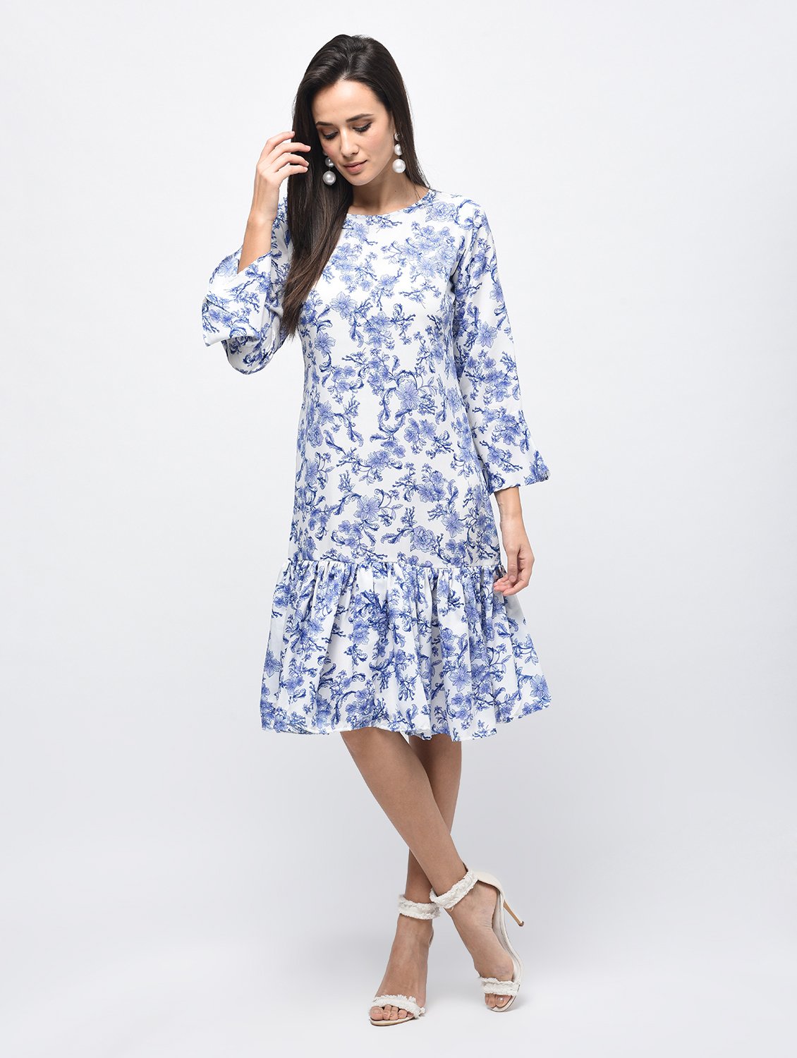Women's Sky Blue Polyster Printed Bell Sleeve Round Neck Dress