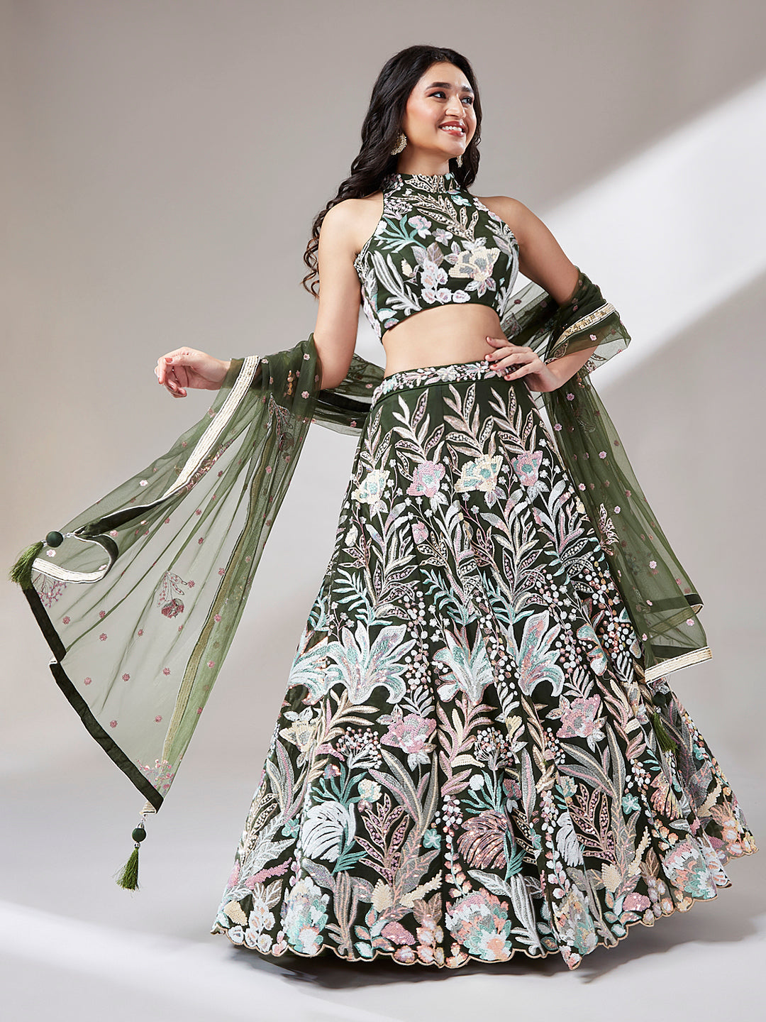 Women 's Olive Net Sequinse Work Ready to Wear Lehenga & stitched Blouse with Dupatta