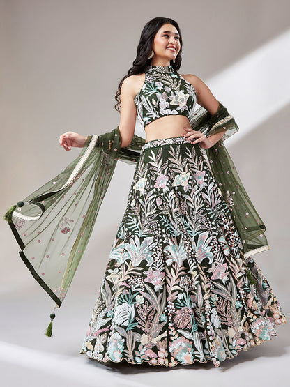 Women 's Olive Net Sequinse Work Ready to Wear Lehenga & stitched Blouse with Dupatta