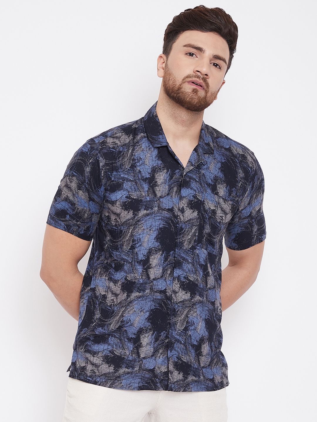 Men's Navy Blue Summer Cuban Collar Shirt