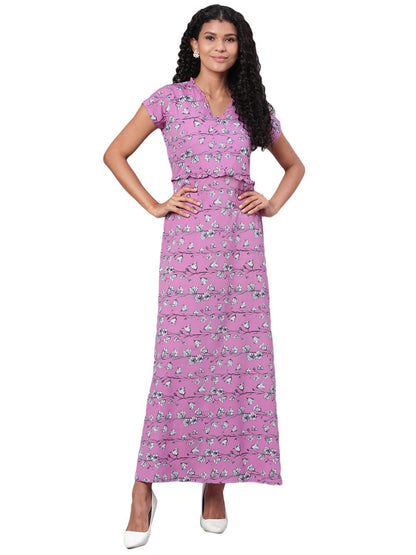Women's Purple Printed Short Sleeve Polyester V Neck Casual Dress