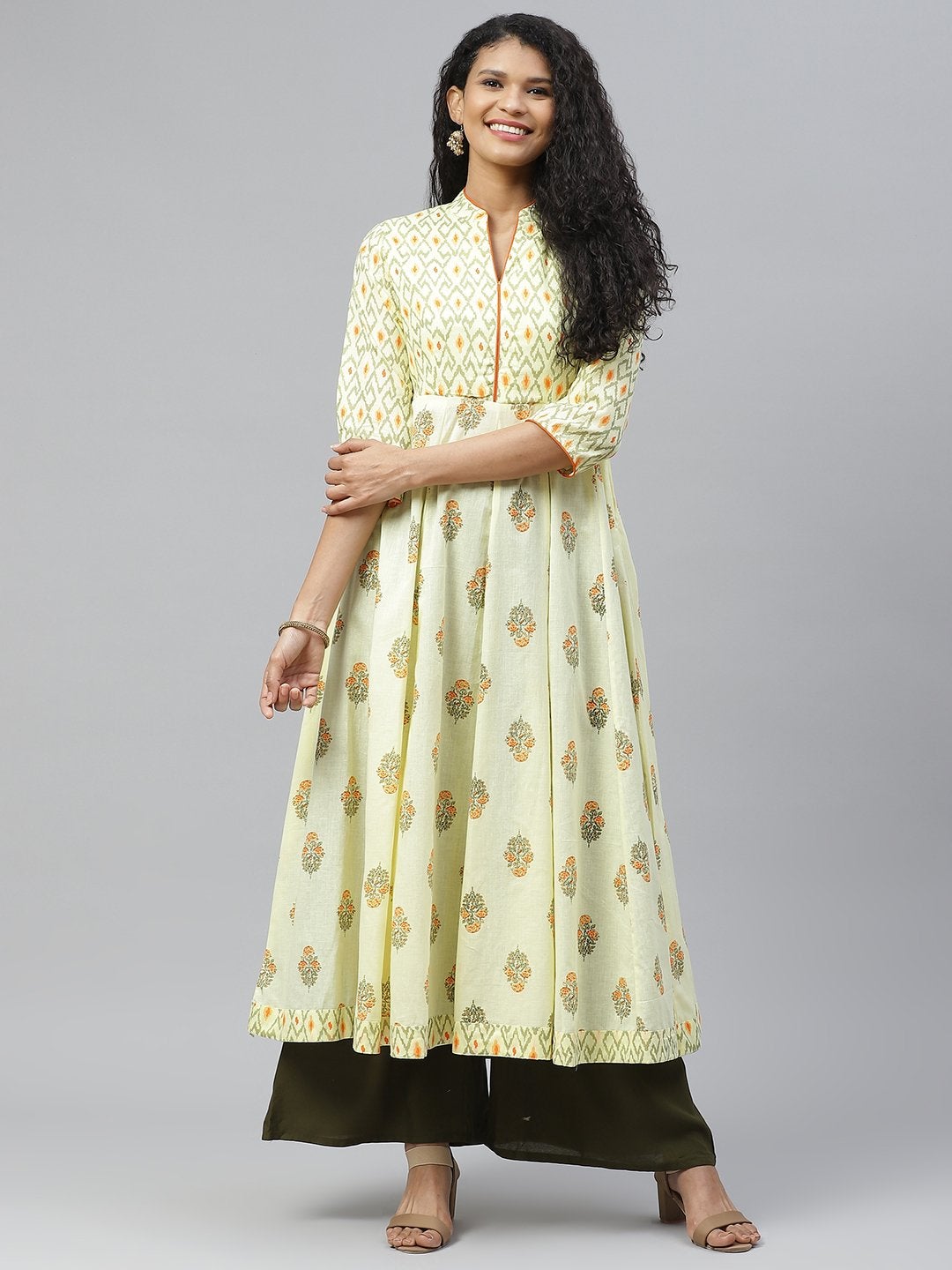 Women's Yellow Stylish Print Cotton Anarkali Kurta