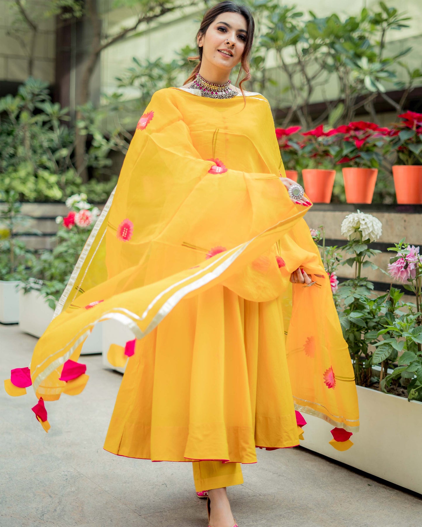 Women's Yellow Organza Handpainted Suit Set