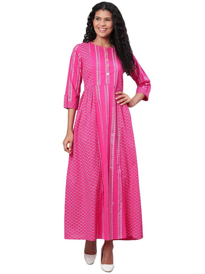 Women's Pink Printed 3/4 Sleeve Cotton Round Neck Dress