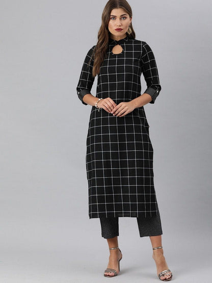 Women's KSUT Women Black & White Checked Kurti with Trousers