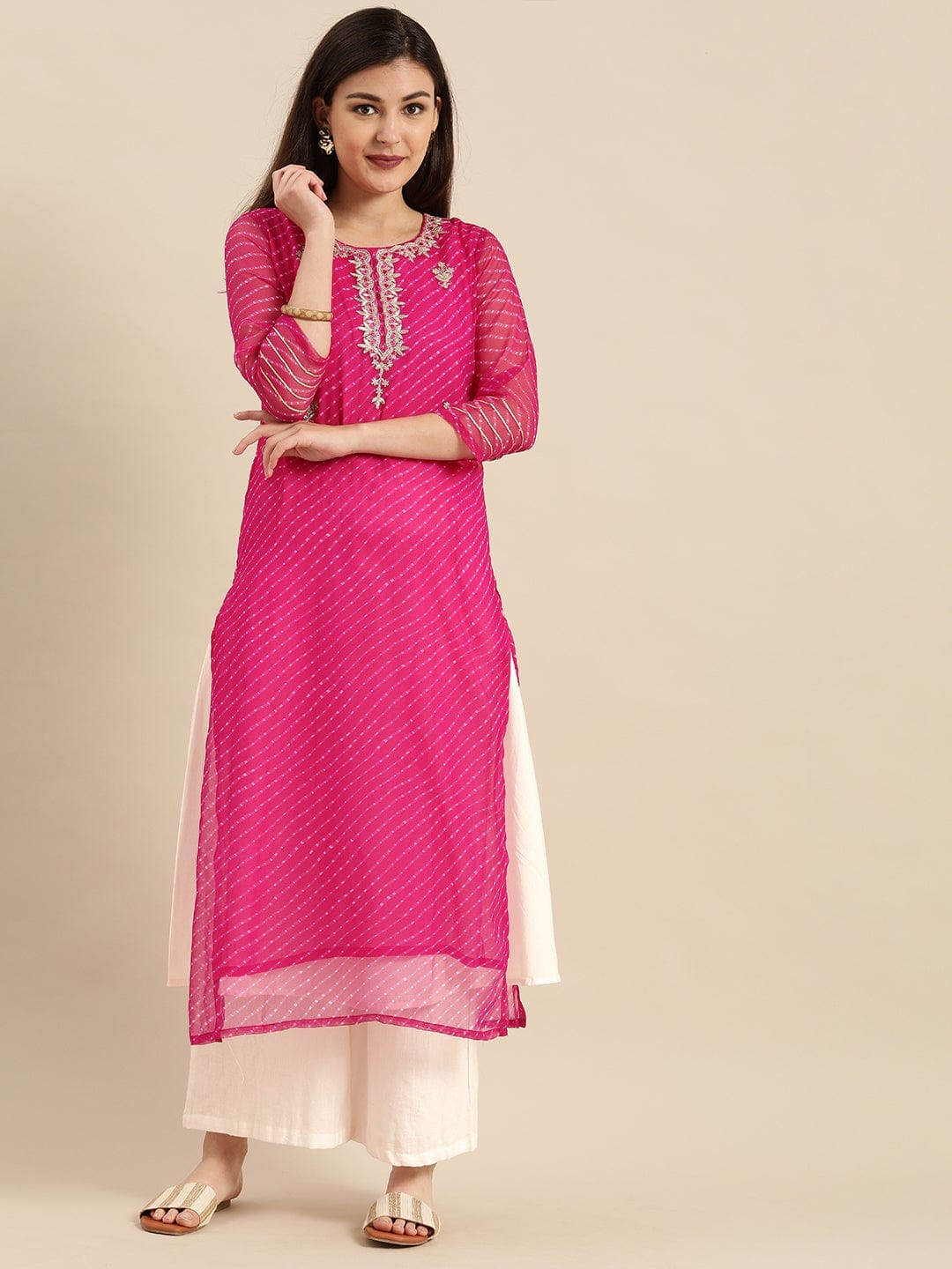 Women's Pink Leheriya Printed Gota Patti Yoke Embroidery Layered Kurta