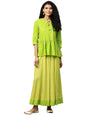 Women's Green Printed 3/4 Sleeve Cotton Round Neck Casual Kurta & Skirt Set