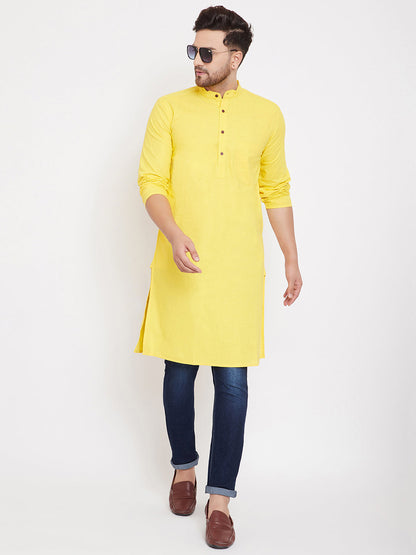Men's Cotton Solid Yellow Kurta