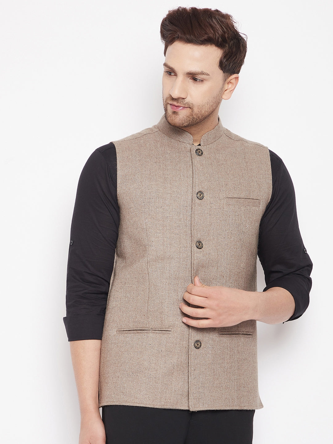 Men's Beige Color Woven Nehru Jacket