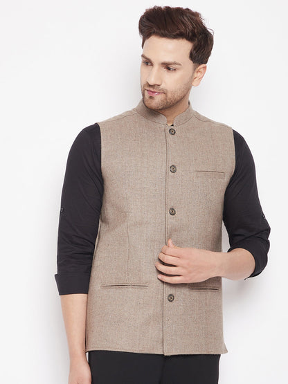 Men's Beige Color Woven Nehru Jacket