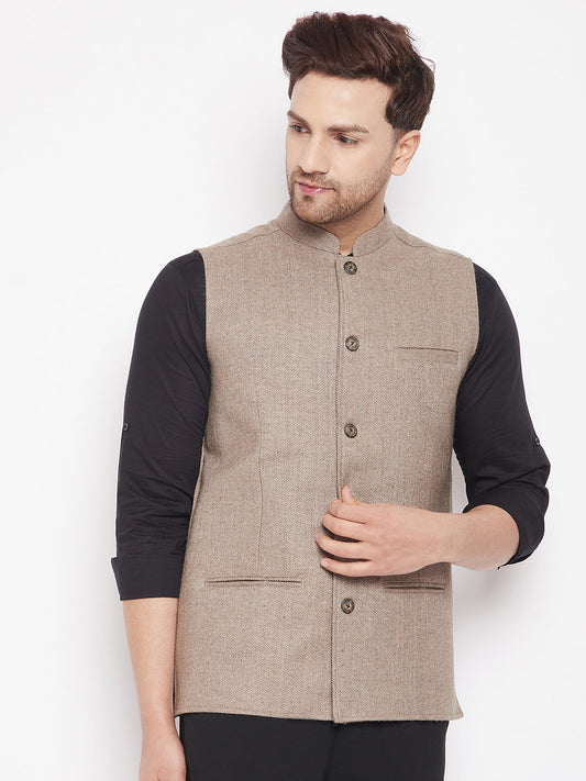 Men's Beige Color Woven Nehru Jacket