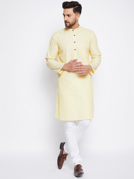 Men's Cotton Striped Yellow Kurta