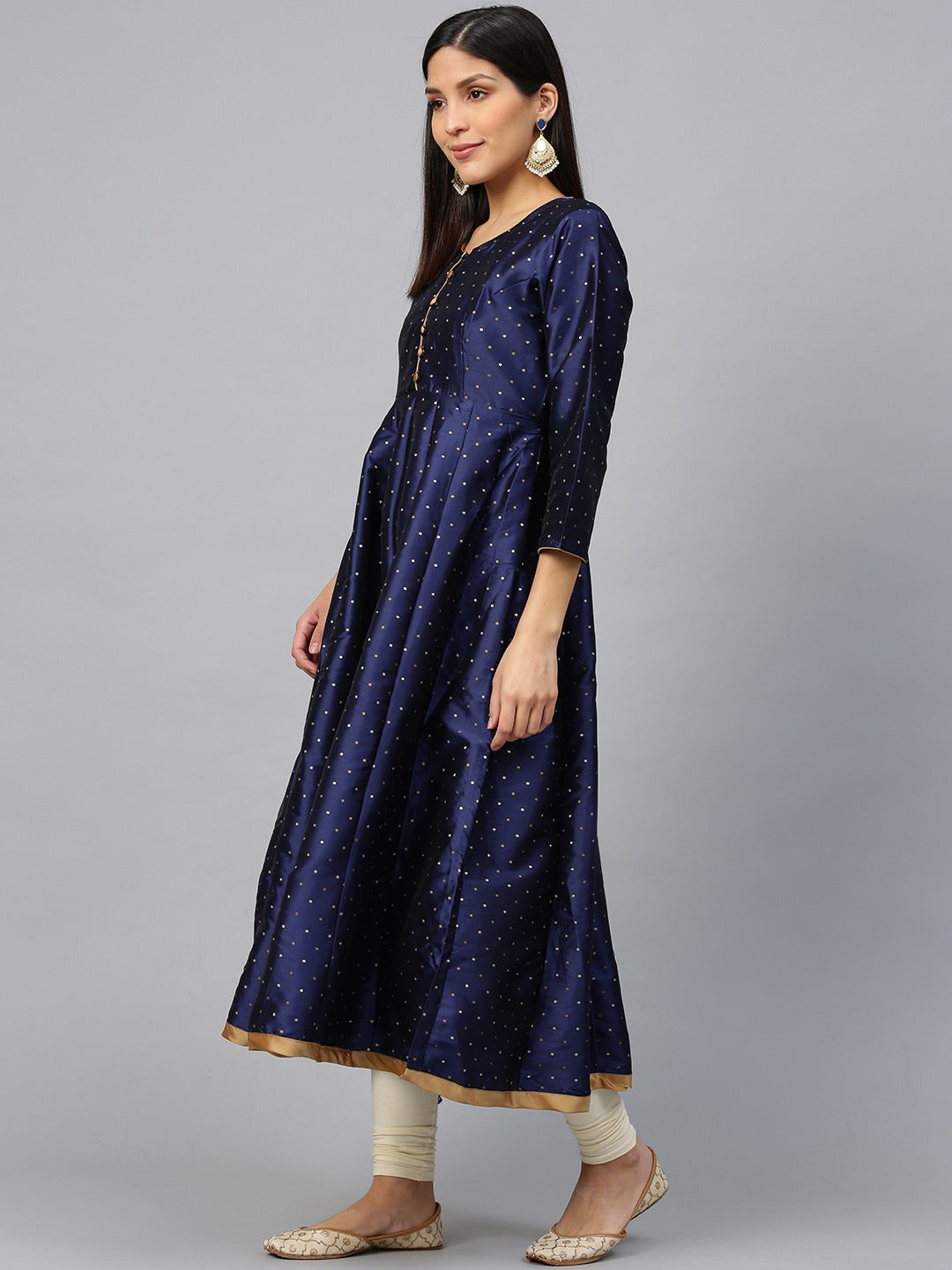 Women's Navy Blue And Golden Woven Design Anarkali Kurta,