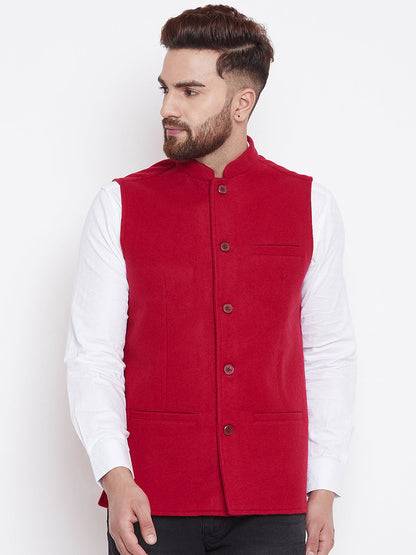 Men's Wool Red Nehru Jacket