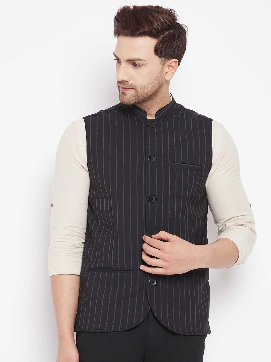 Men's Black Color Woven Nehru Jacket