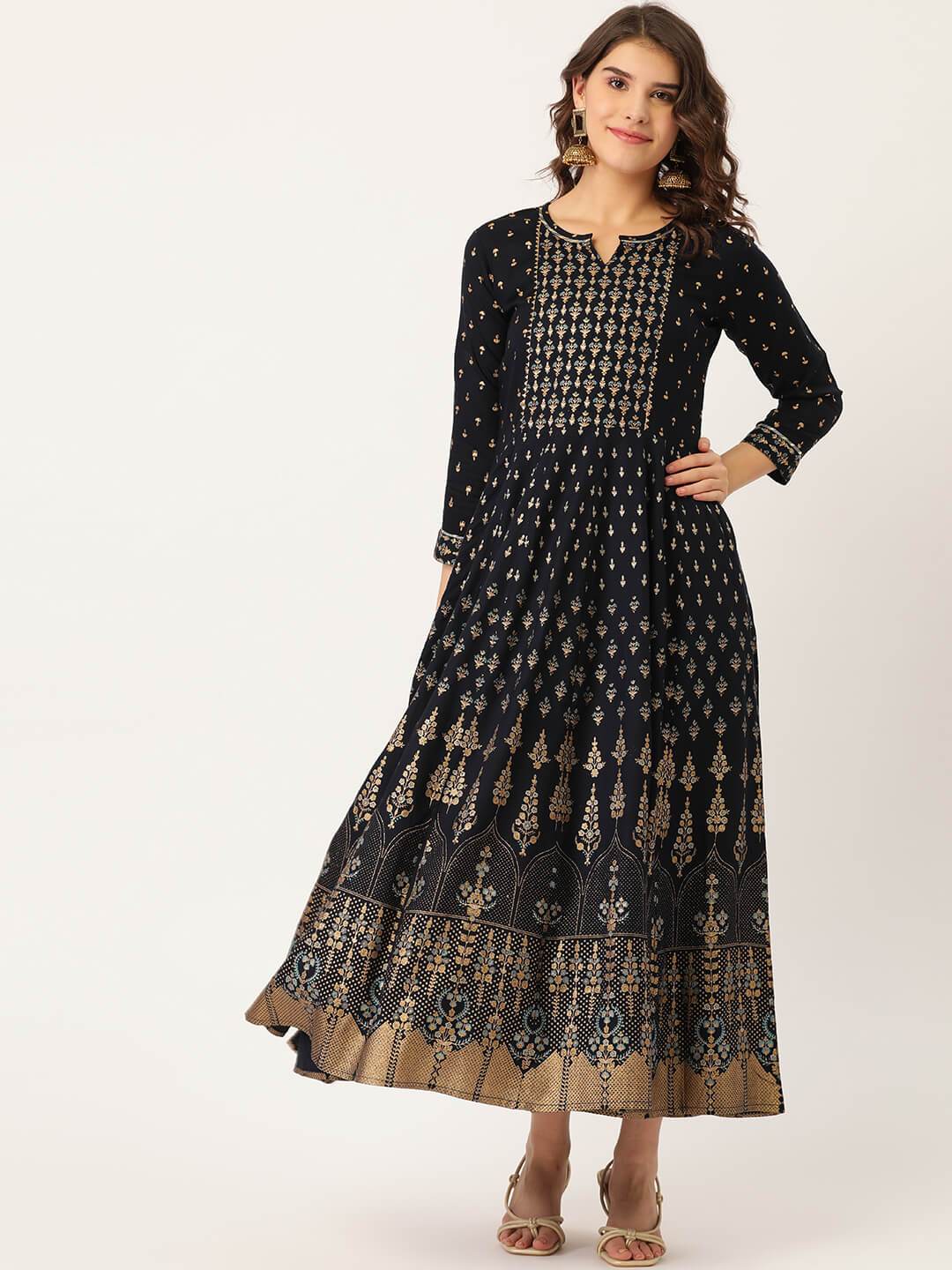 Women's Rayon Gold Printed & Gota Work Anarkali Kurta