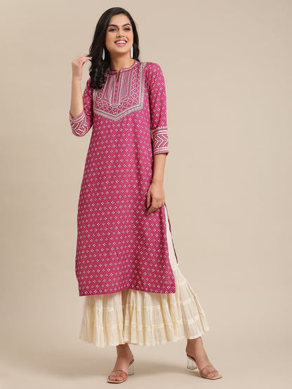 Women's Wine Bandhej Printed Kurta With Pink Cord Pipen Detailing