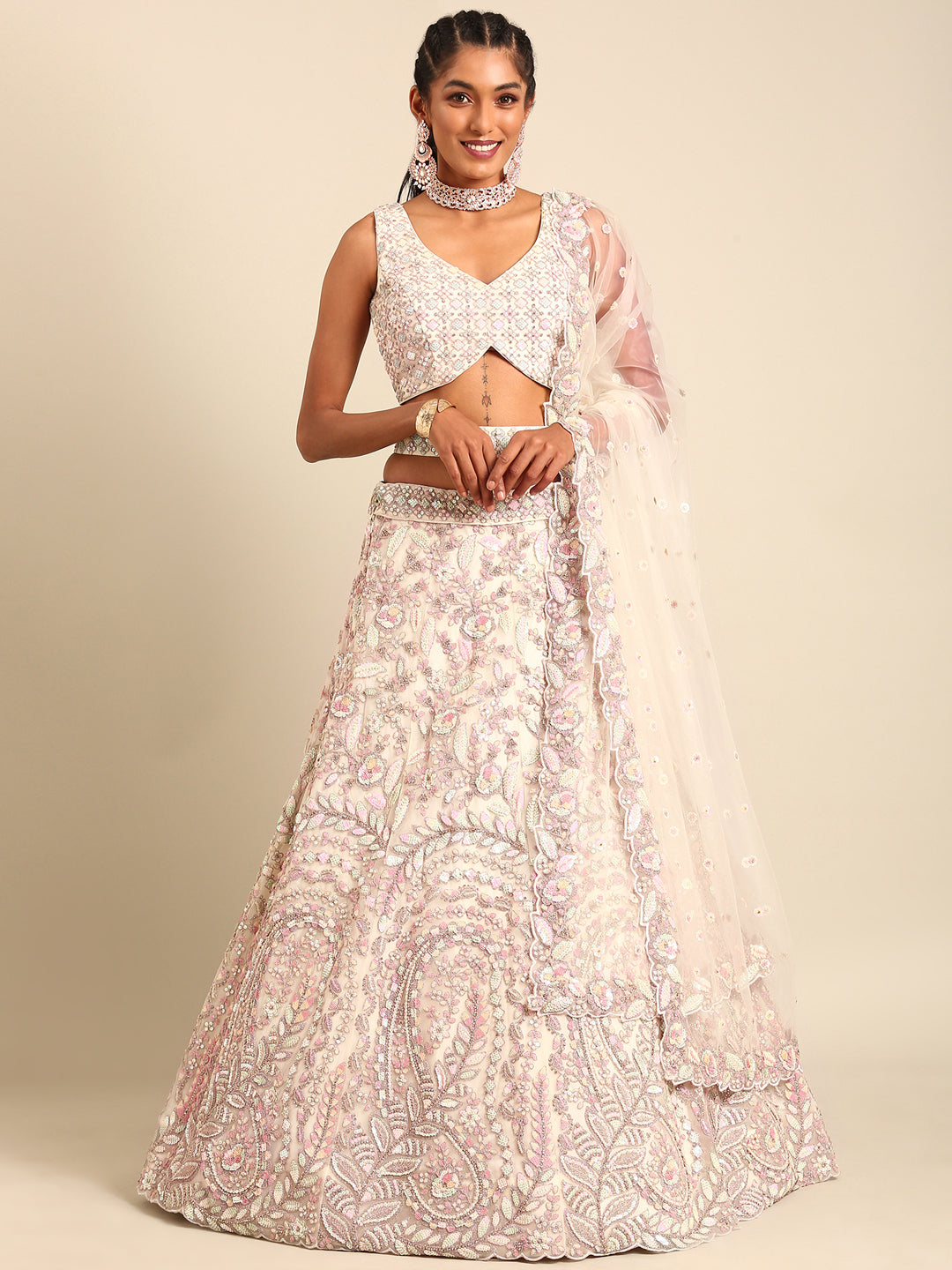 Women 's Cream Net Multi Sequins with heavy Zarkan embroidery Ready to Wear Lehenga choli & Dupatta
