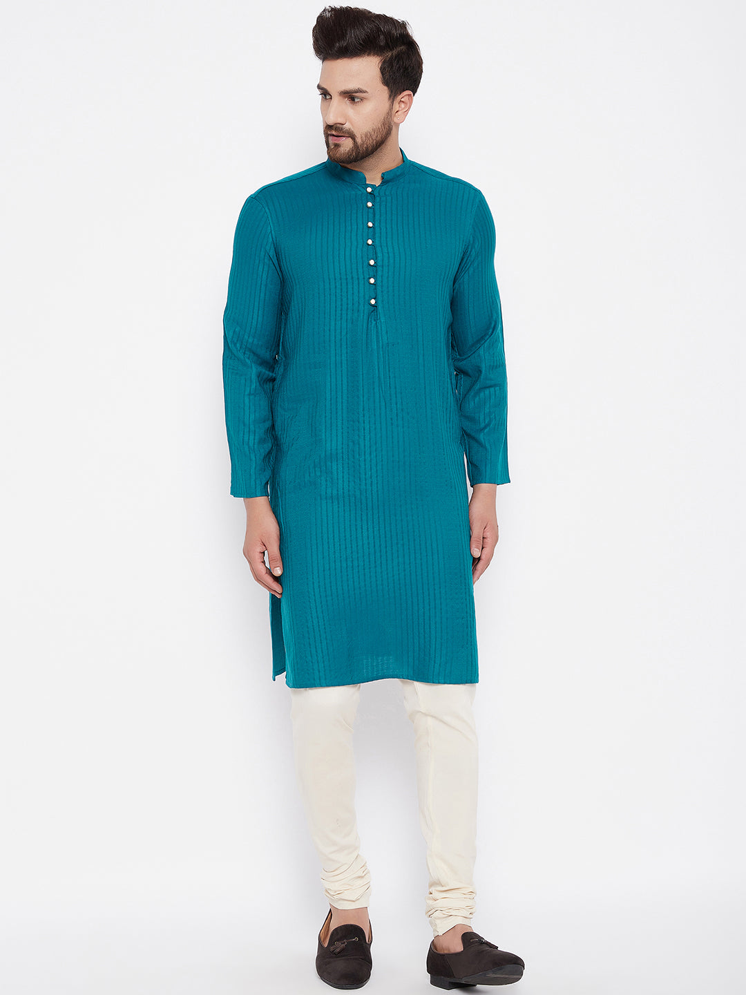 Men's Woven Design Blue Straight Kurta