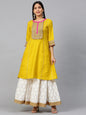 Women's Mustard Yellow And White Gotta Patti Striped Kurta With Block Printed Skirt